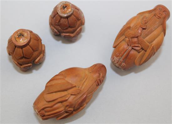 Six Chinese peach stone carvings, first half 20th century, 3.4 - 6cm